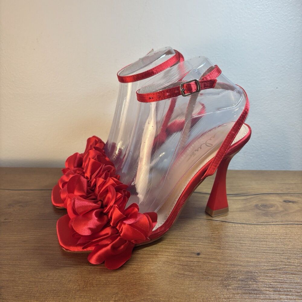 Lulus Womens 6.5 Red Ruffled Heels Ankle Strap High Heel Sandals Satin